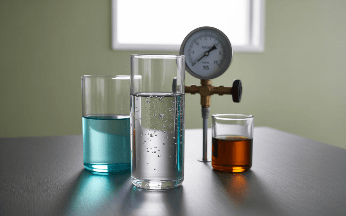 Trois verres contenant différents liquides : un bleu, un transparent avec des bulles, et un orange, avec un manomètre à pression en arrière-plan.