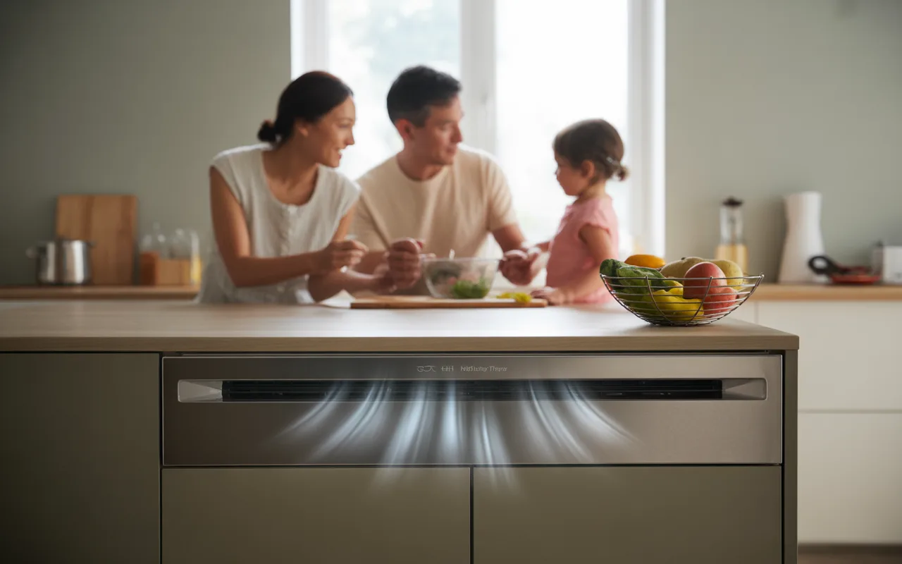 Une famille prépare un repas dans une cuisine moderne, avec des fruits frais sur la table et un ambiance chaleureuse.