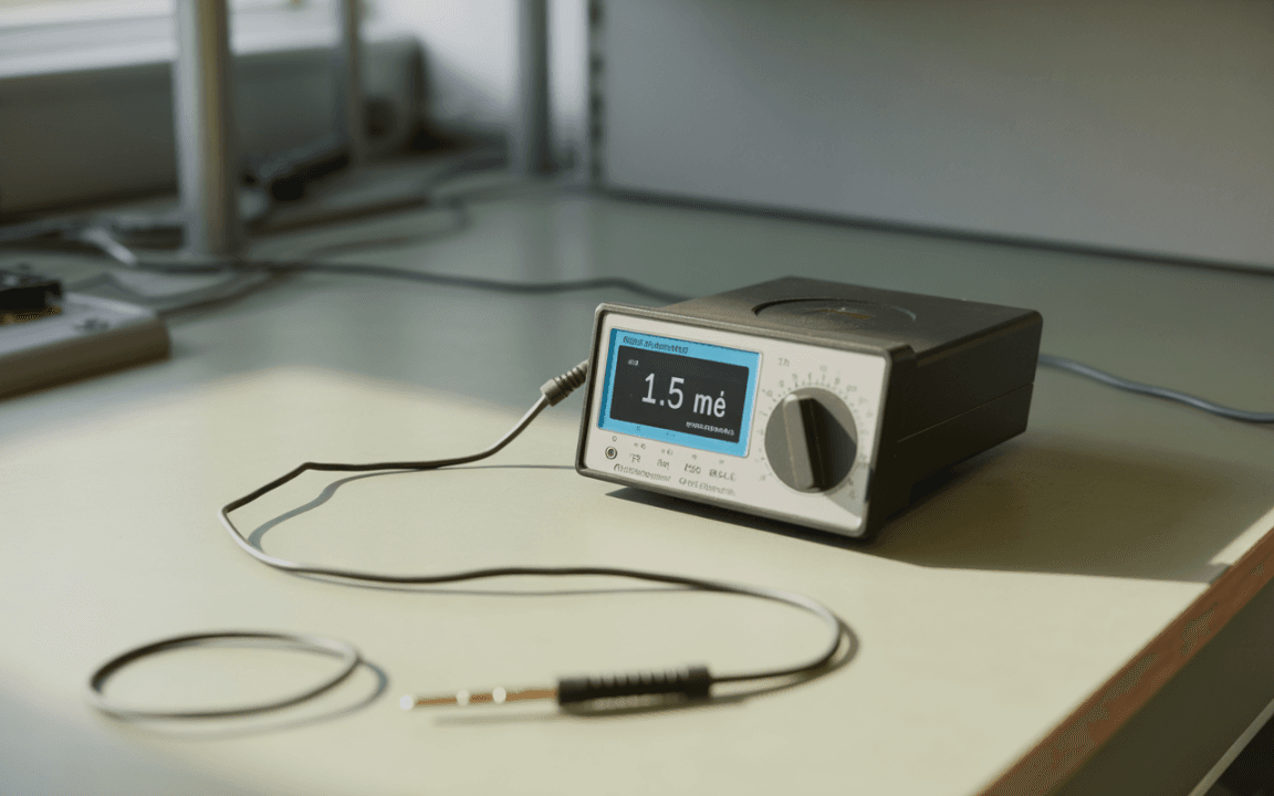 Appareil de mesure électronique affichant "1.5 mé", avec câble et prise audio, sur un bureau clair.