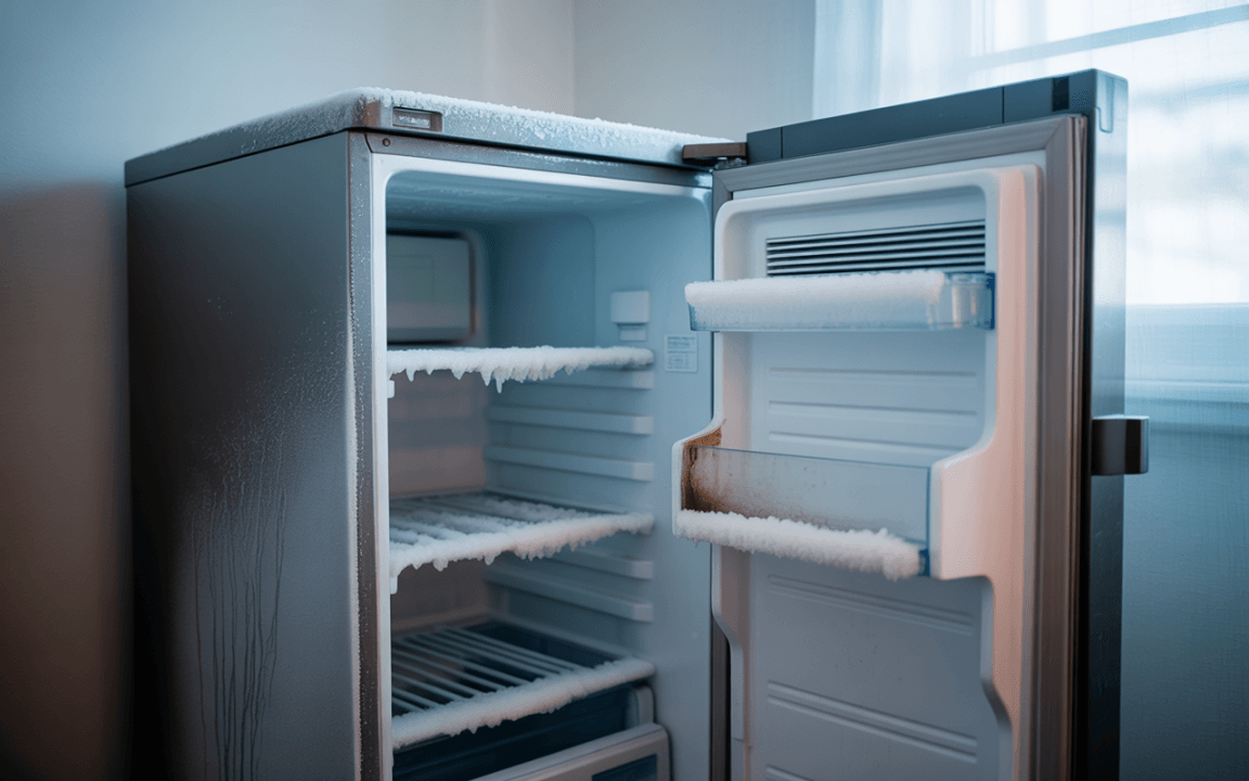 Réfrigérateur ouvert avec de la glace et de l'eau stagnante à l'intérieur, sur fond de mur clair et fenêtre.