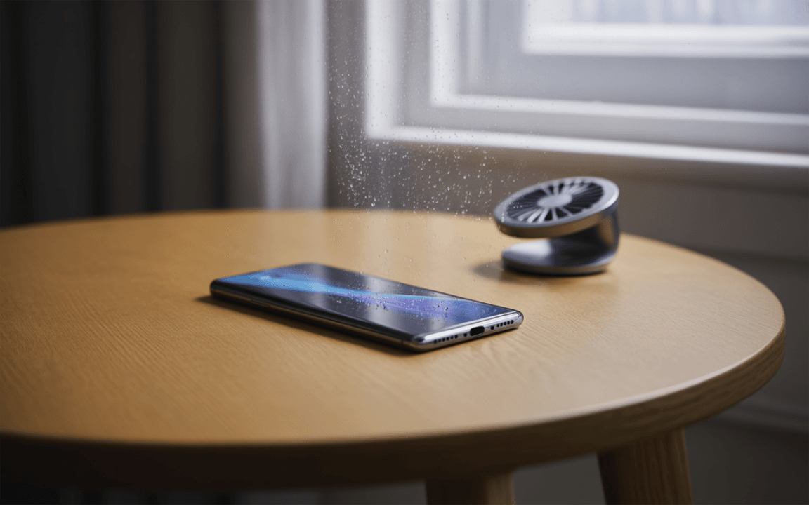 Un smartphone posé sur une table en bois, avec un petit ventilateur à côté et des gouttelettes d'eau tombant dessus.