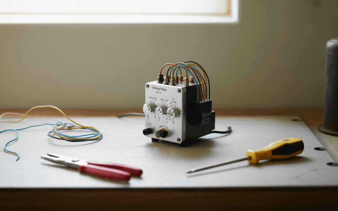 Appareil électronique noir avec des câbles multicolores, posé sur une surface de travail, accompagné de pinces et d'un tournevis.