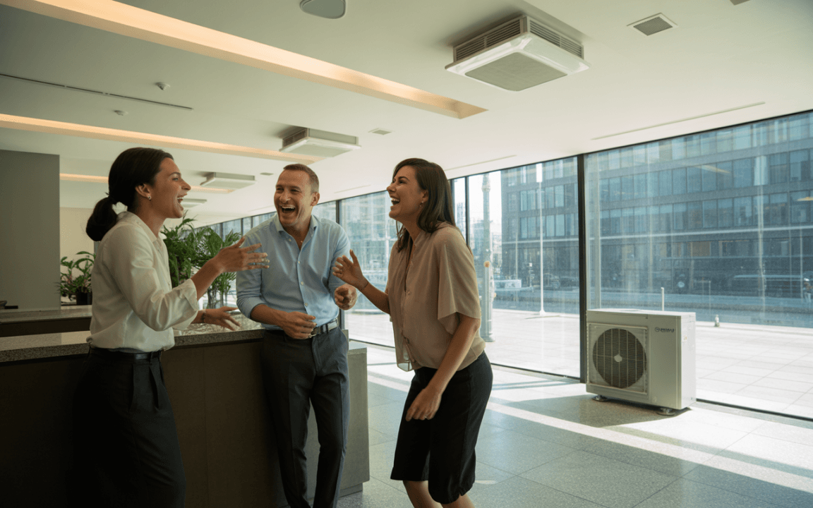 Trois professionnels rient ensemble dans un bureau moderne, entourés de grandes fenêtres et de plantes. Ambiance joyeuse et conviviale.