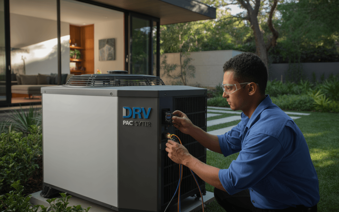 Un technicien en lunettes de protection effectue une maintenance sur une unité de climatisation à l'extérieur d'une maison moderne.