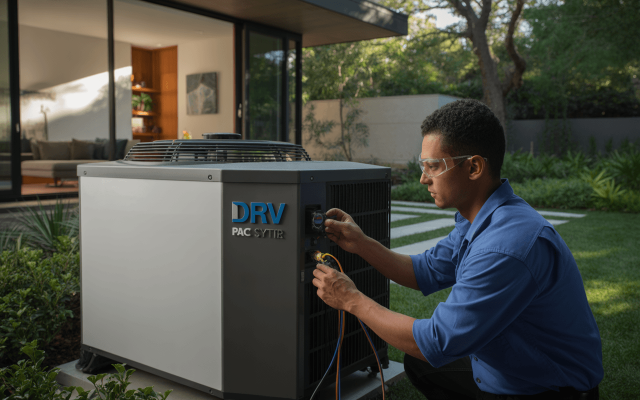 Un technicien en lunettes de protection effectue une maintenance sur une unité de climatisation à l'extérieur d'une maison moderne.