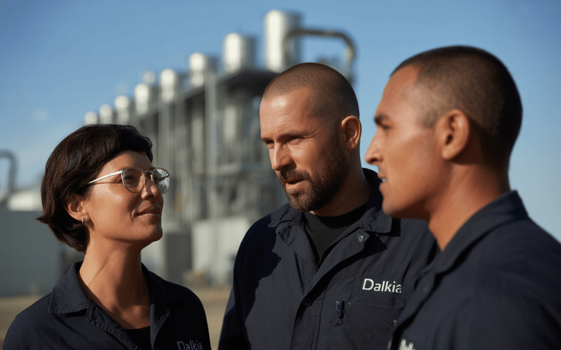 Trois travailleurs en tenue professionnelle discutent devant une installation industrielle. Le ciel est clair, créant une atmosphère ensoleillée.