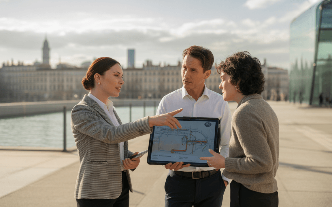 Trois personnes discutent d’un plan sur une tablette, avec une vue urbaine en arrière-plan. L’atmosphère est professionnelle et collaborative.