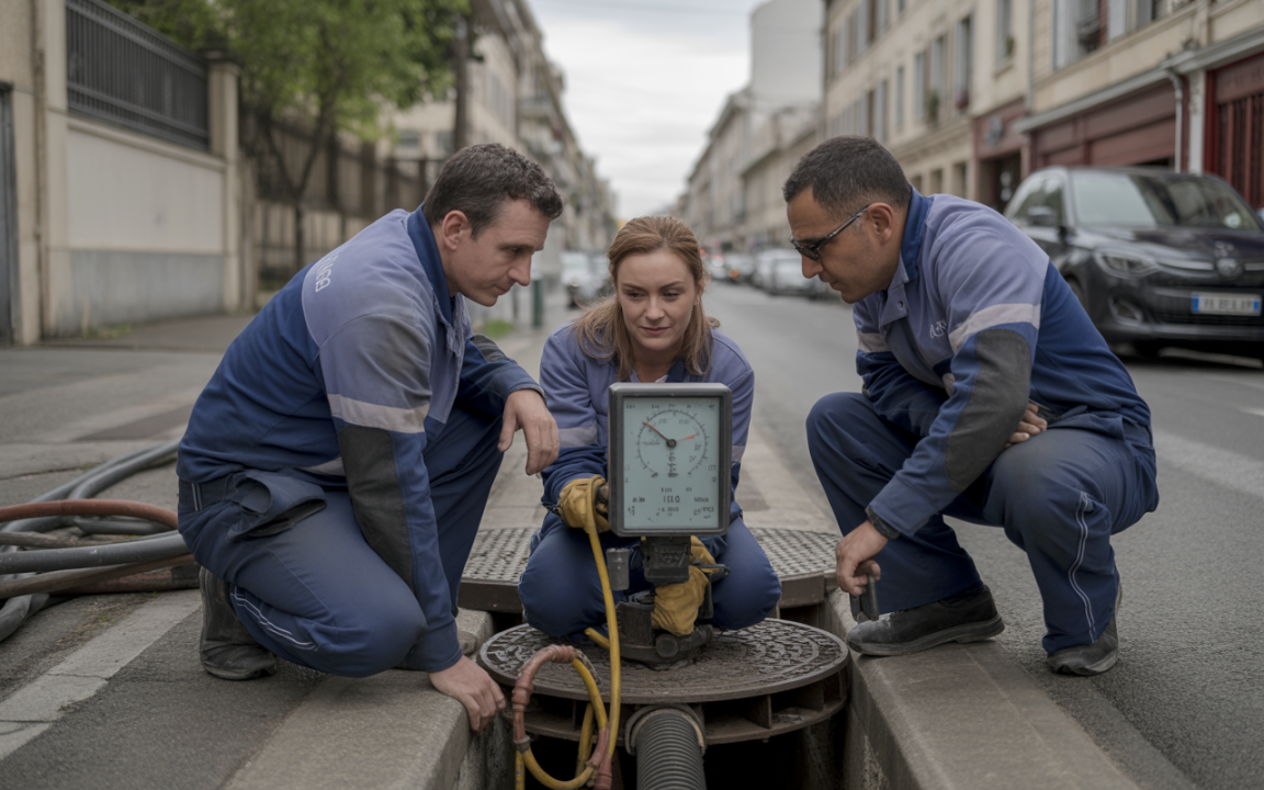 Trois techniciens en bleu examinent un manomètre au-dessus d'une plaque d'égout sur une rue urbaine.