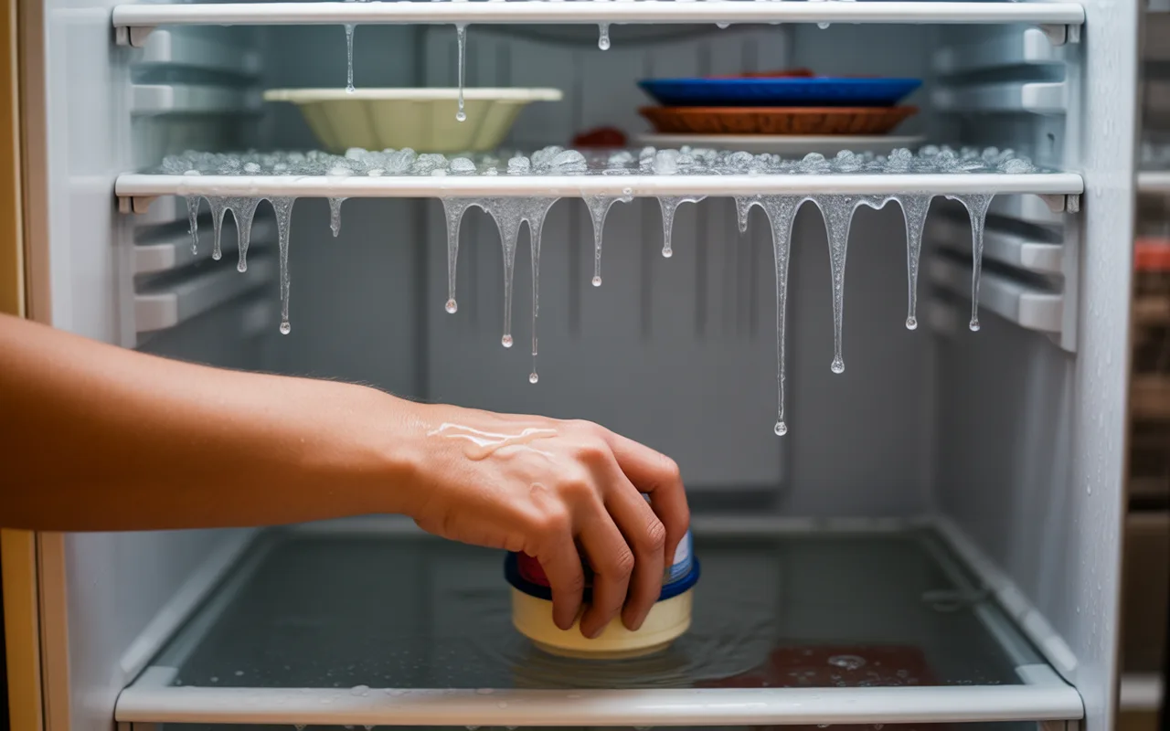 Main d'une personne tenant un pot dans un réfrigérateur froid, avec des gouttes d'eau et de la condensation visibles.