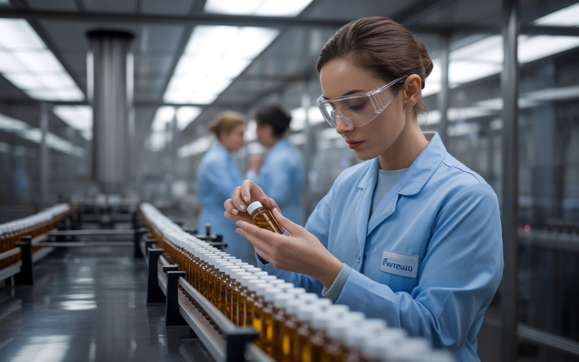 Une femme en blouse de laboratoire examine un flacon dans une usine, entourée de bouteilles et de collègues.