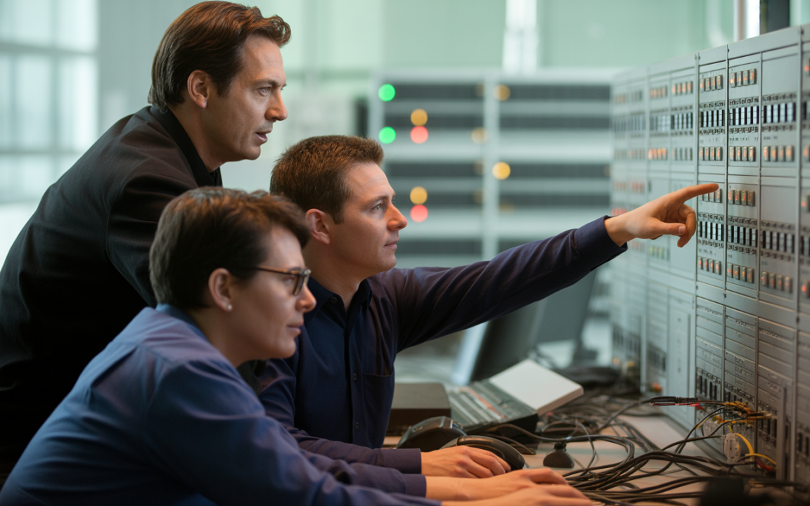 Trois personnes, devant des équipements informatiques, analysent des données sur un tableau de contrôle moderne. Collaboration en milieu technologique.