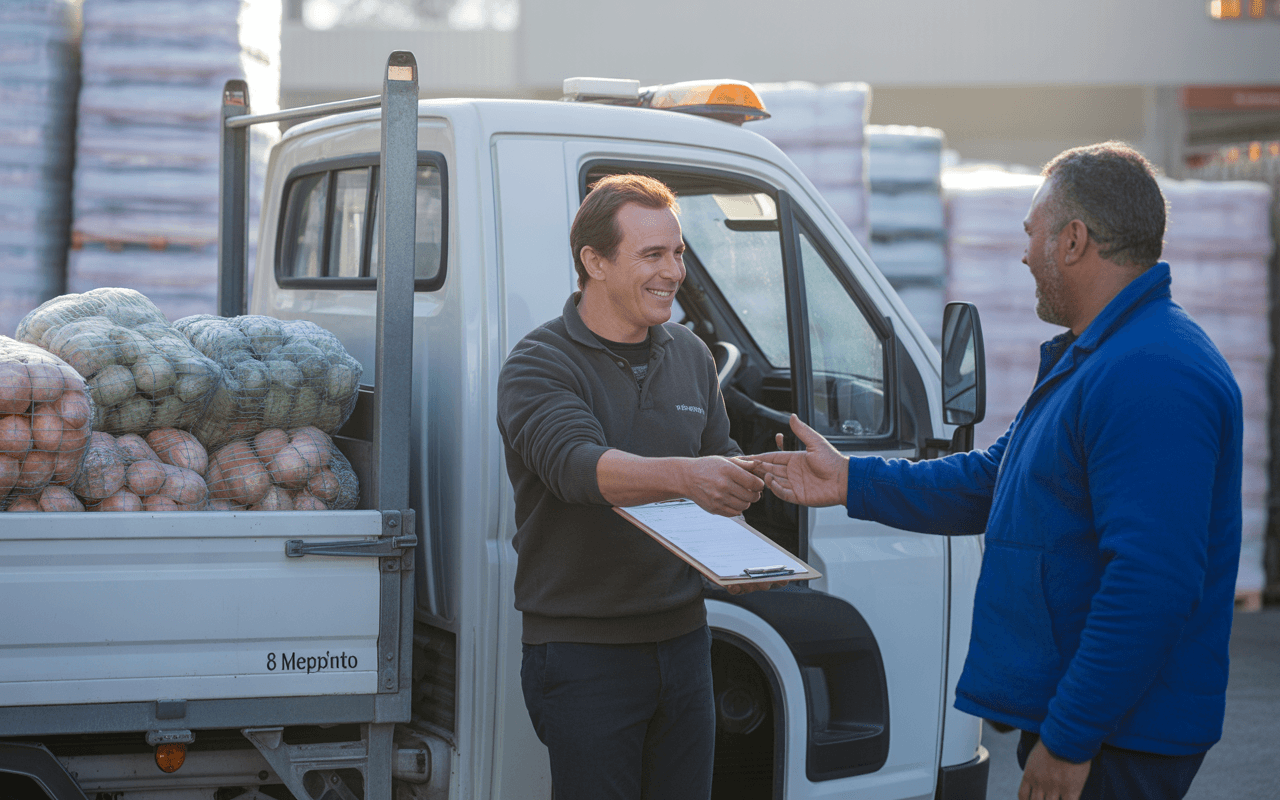 Un livreur souriant échange des documents avec un homme, devant un camion chargé de légumes dans une zone de dépôt.
