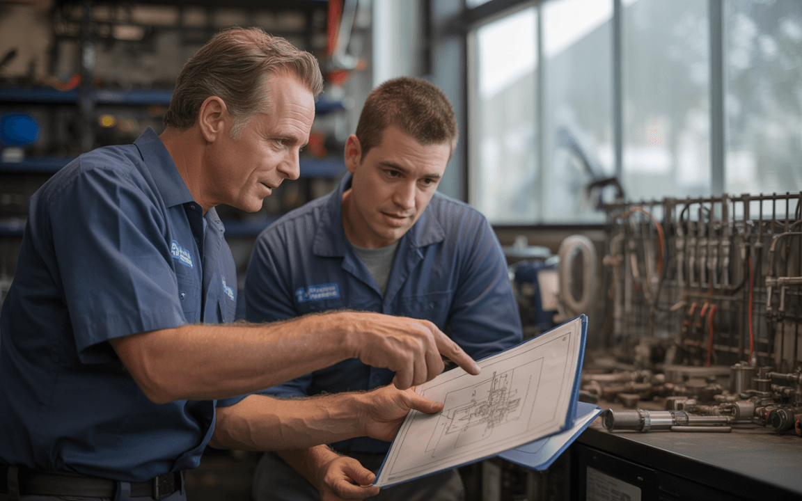 Deux techniciens regardent un plan sur un document, discutant d'une pièce d'équipement dans un environnement de travail. Des outils sont visibles en arrière-plan.