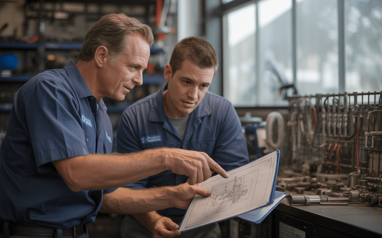 Deux techniciens regardent un plan sur un document, discutant d'une pièce d'équipement dans un environnement de travail. Des outils sont visibles en arrière-plan.