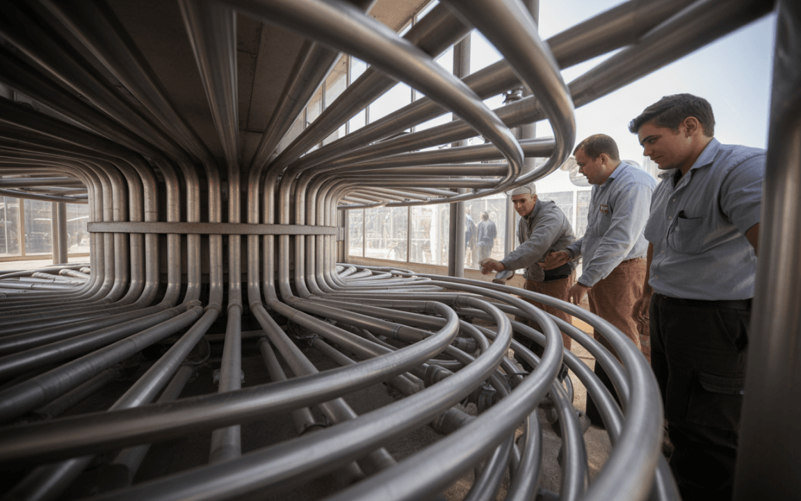 Trois hommes examinent des tubes métalliques en spirale dans un espace industriel, avec des fenêtres et un environnement de construction en arrière-plan.