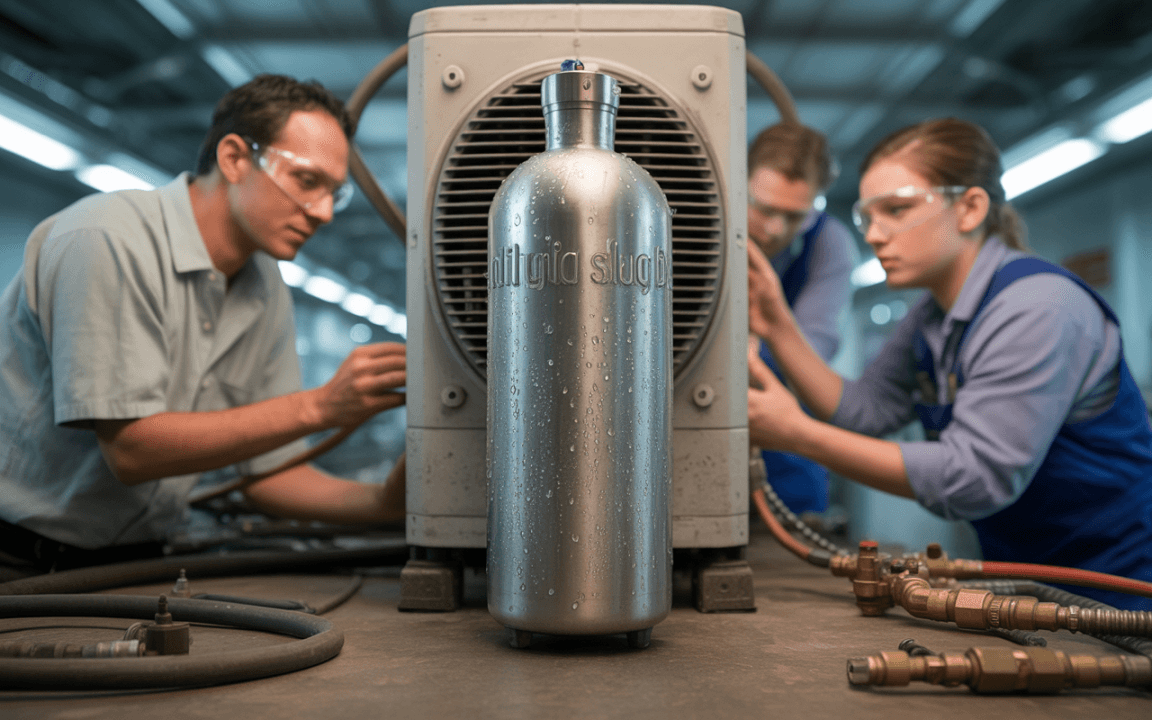 Trois personnes en atelier inspectent un équipement industriel. Une bouteille en métal, avec condensation, est au centre de l'image.