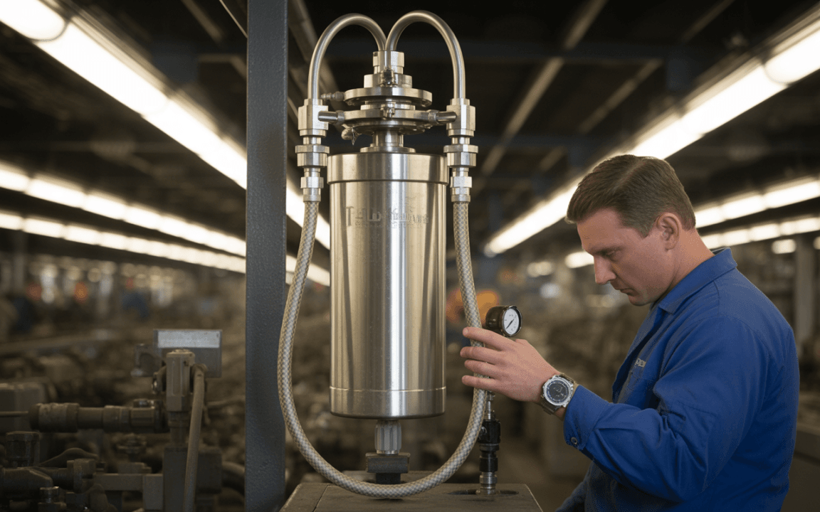 Un technicien en bleu inspecte un instrument industriel en métal avec des tuyaux, dans un environnement d'atelier bien éclairé.