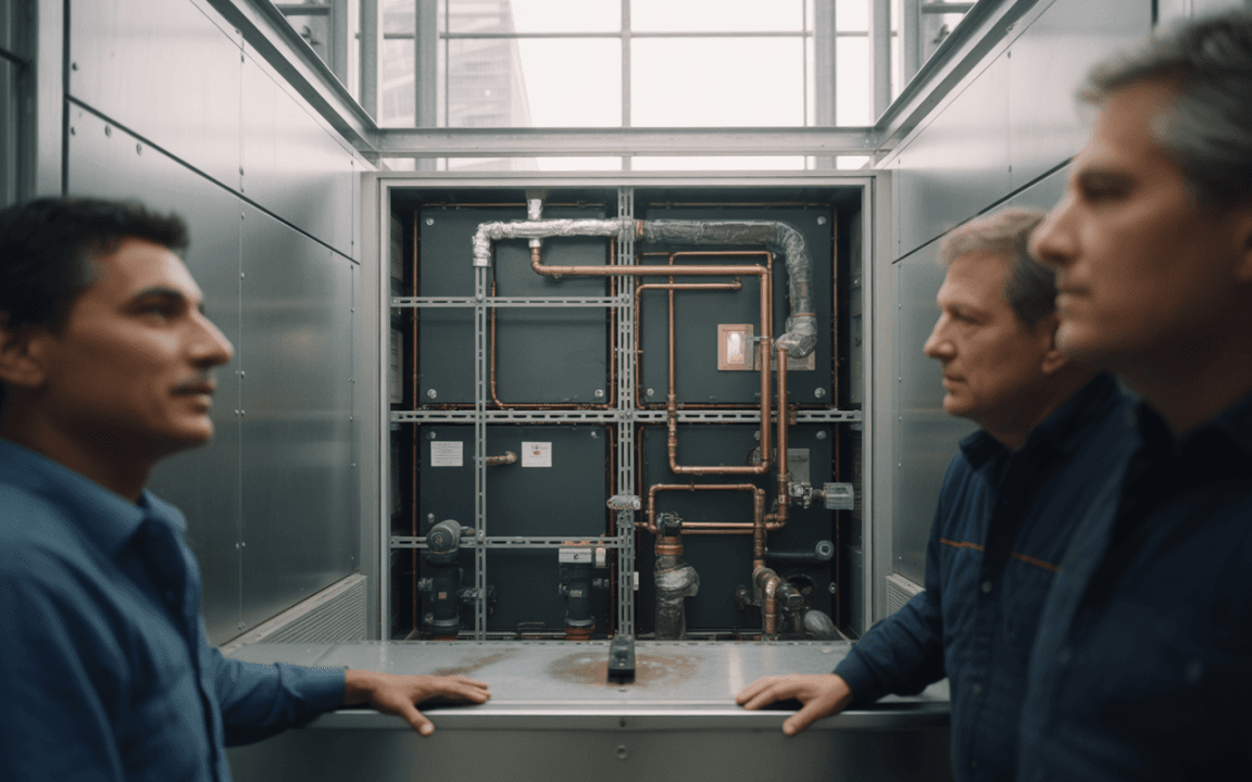 Deux hommes en uniforme discutent devant un panneau industriel avec des tuyaux et des équipements en métal. Lumière naturelle en arrière-plan.