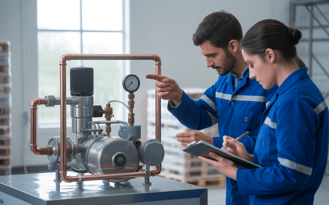 Deux techniciens en bleu examinent une pompe à chaleur avec un manomètre, l’un pointe du doigt et l’autre prend des notes.