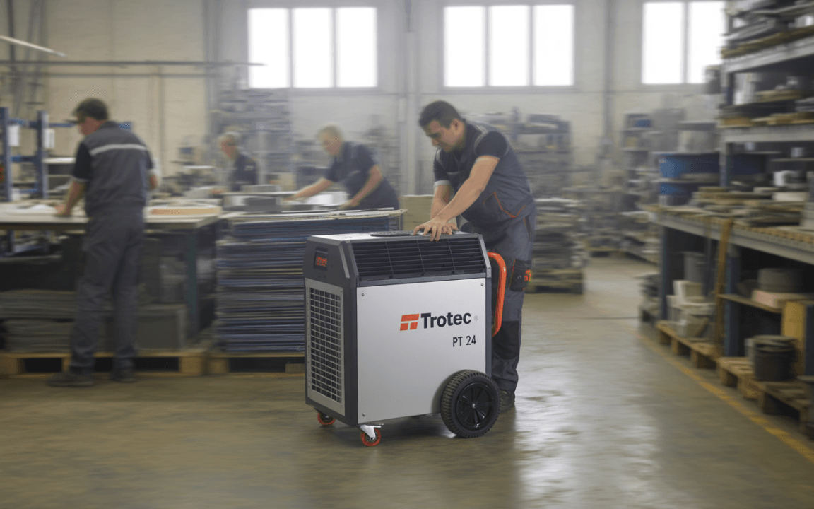 Un déshumidificateur Trotec PT 24 est poussé dans un atelier, tandis que des travailleurs s'affairent autour de tables de travail.