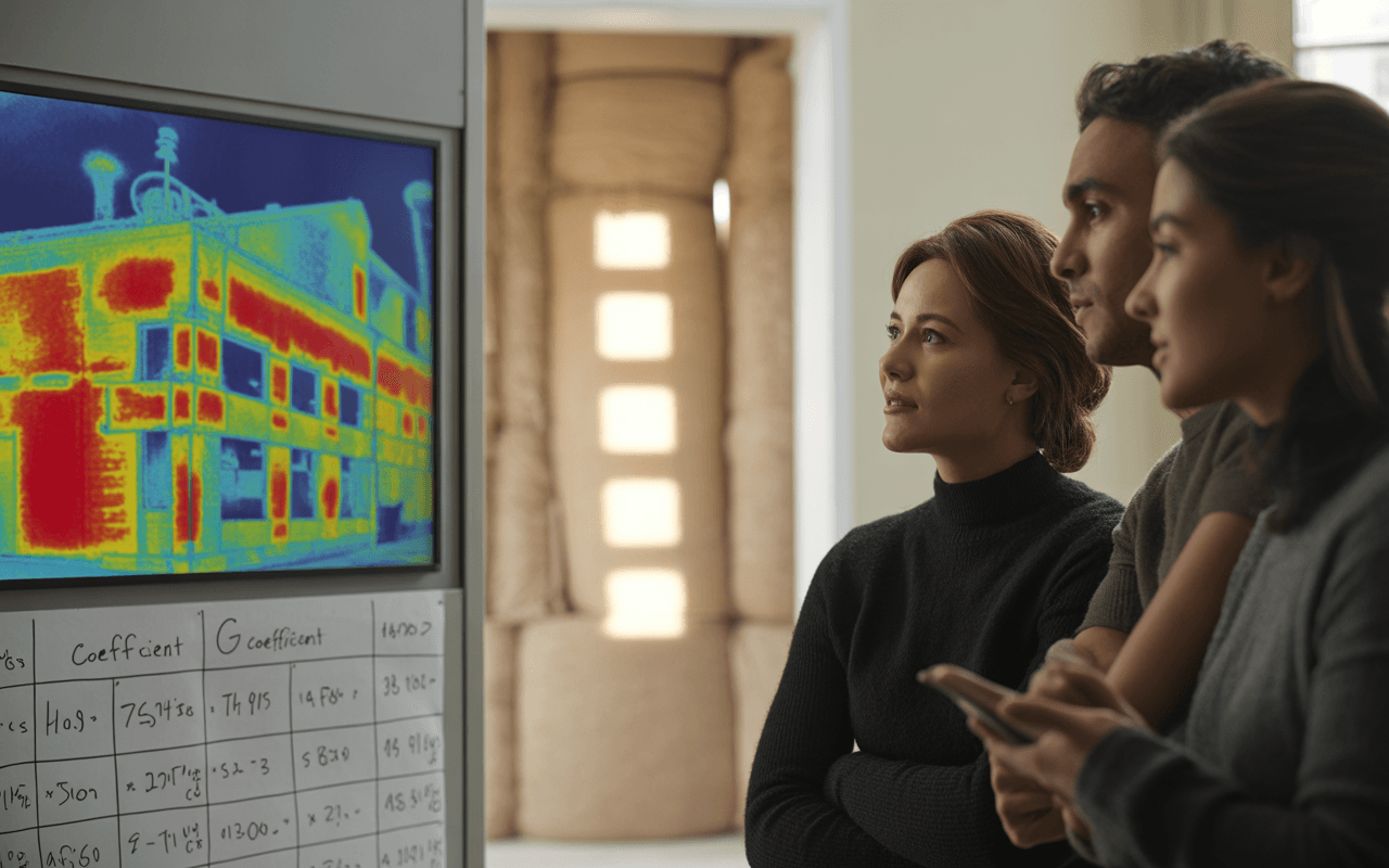 Trois personnes regardent un écran affichant une image thermique d'un bâtiment, avec des détails de données scientifiques en dessous.