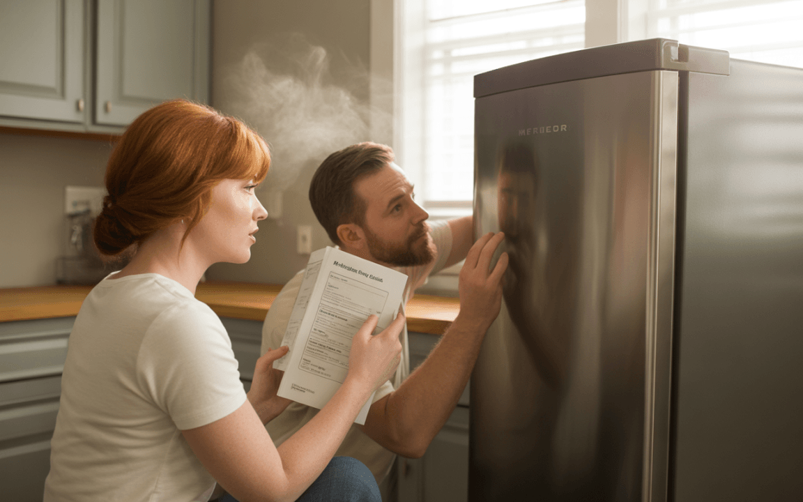 Un couple observe un réfrigérateur fumant, tenant un document. Inquiétude visible sur leurs visages dans une cuisine lumineuse.