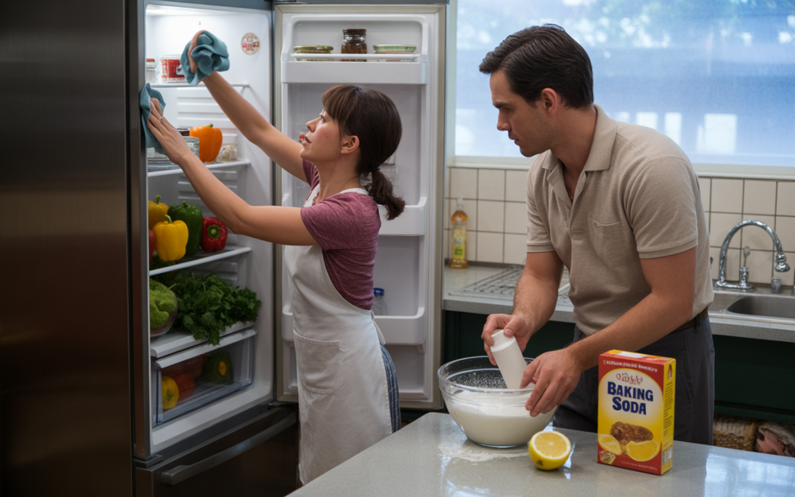 Un couple dans une cuisine, nettoyant le réfrigérateur et préparant un mélange avec du bicarbonate de soude et du citron.