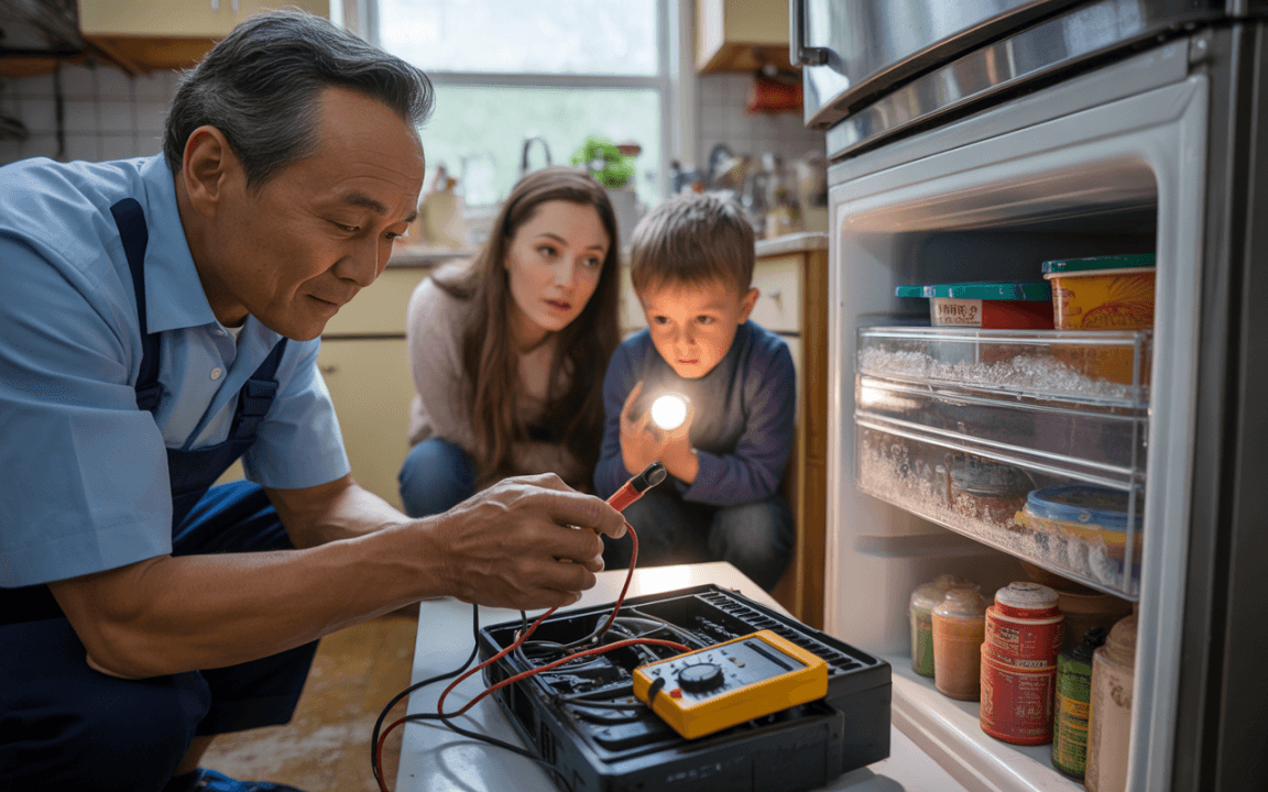 Un technicien examine un réfrigérateur avec une femme et un enfant, utilisant un multimètre, éclairé par une lampe de poche.