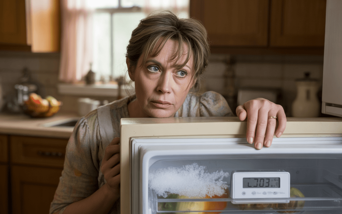 Femme pensive regardant un réfrigérateur, avec des aliments visibles à l'intérieur. Cuisine chaleureuse en arrière-plan.