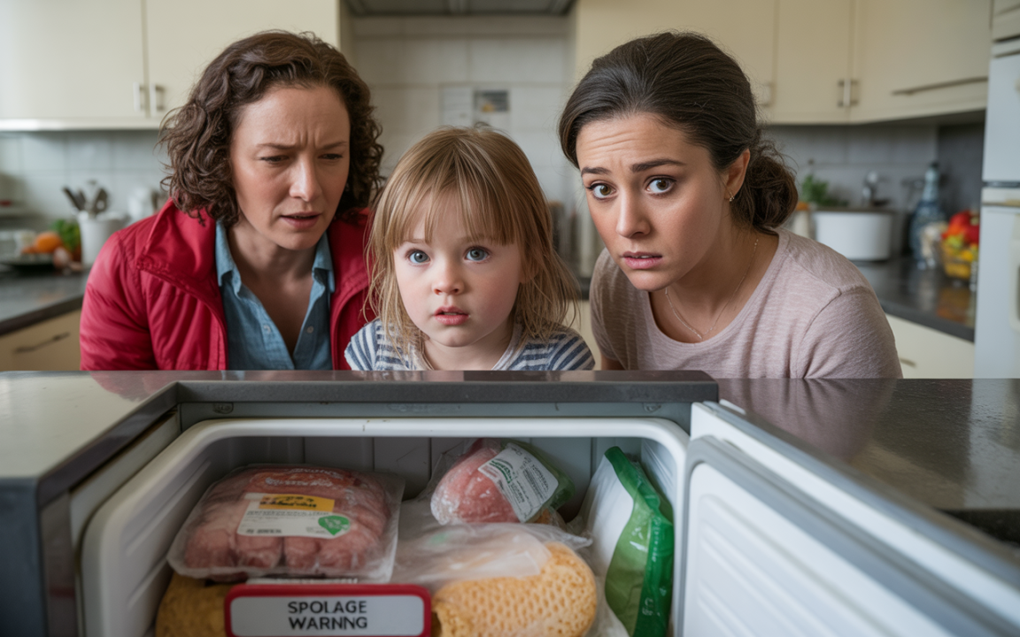 Trois personnes, deux adultes et une enfant, regardent avec inquiétude un congélateur ouvert, révélant des aliments étiquetés « avertissement de détérioration ».