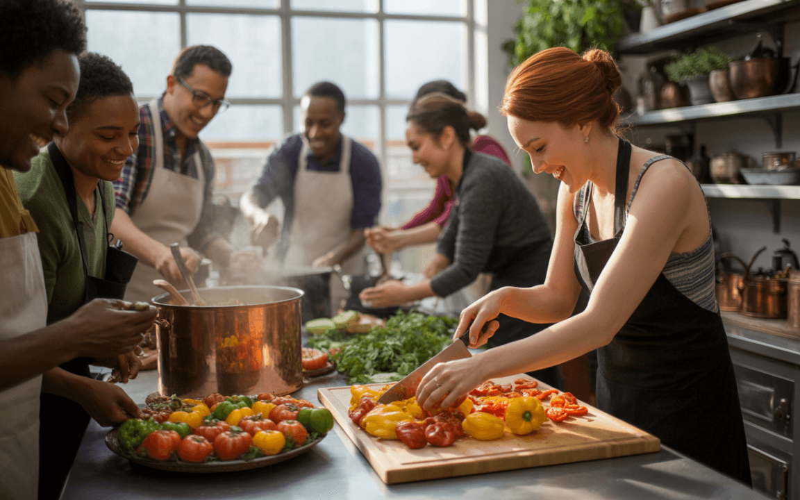 Un groupe diversifié de personnes cuisine ensemble, coupant des légumes frais dans une cuisine lumineuse et accueillante.