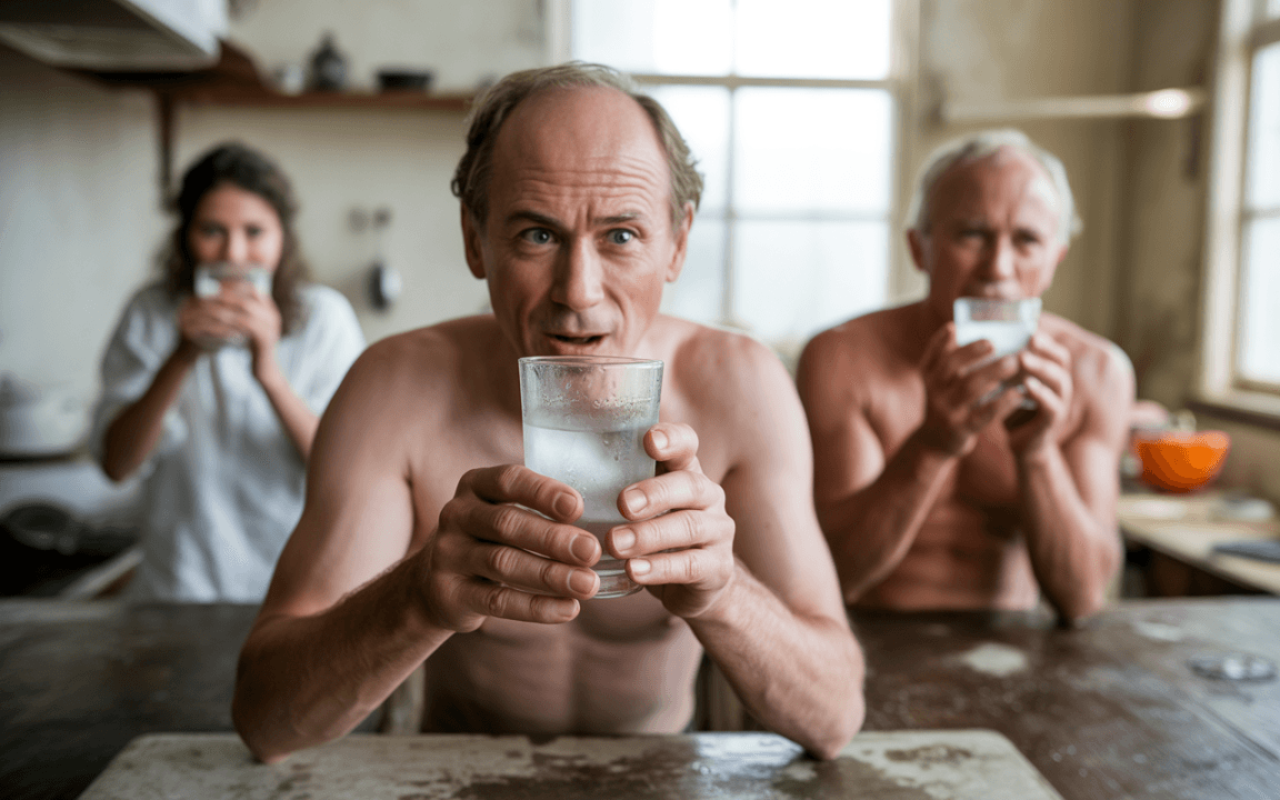 Trois personnes, debout ou assises, tiennent des verres d'eau, dans une cuisine lumineuse et légèrement vieillie.