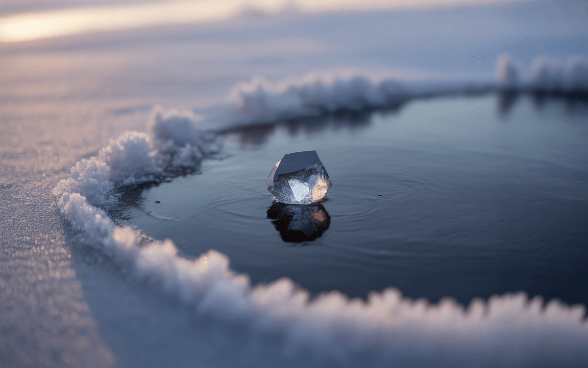 Un cristal en forme de dodecagone flotte dans une petite étendue d'eau, entouré de cristaux de glace.