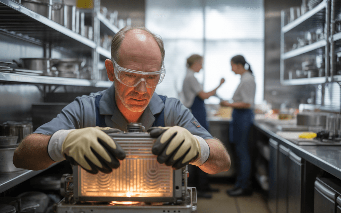 Un homme en blouse et lunettes de protection examine un appareil dans une cuisine professionnelle, tandis que deux collègues travaillent en arrière-plan.