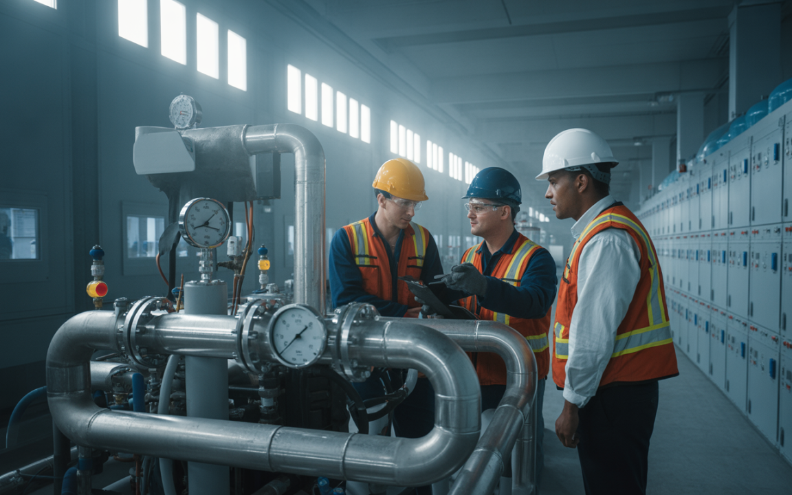 Trois techniciens en chantier discutent autour de tuyauteries industrielles, portant des casques et des vestes de sécurité. Équipements visibles en arrière-plan.