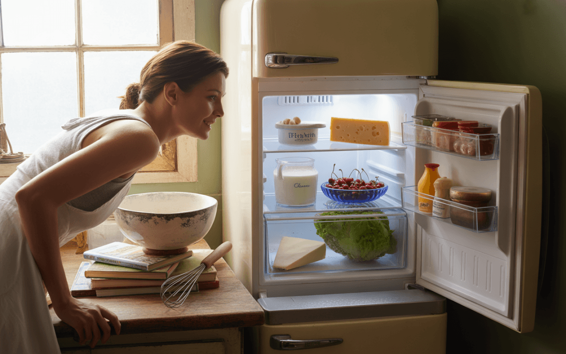 Une femme souriante regarde dans un réfrigérateur rempli de divers aliments, avec des livres de cuisine à proximité.