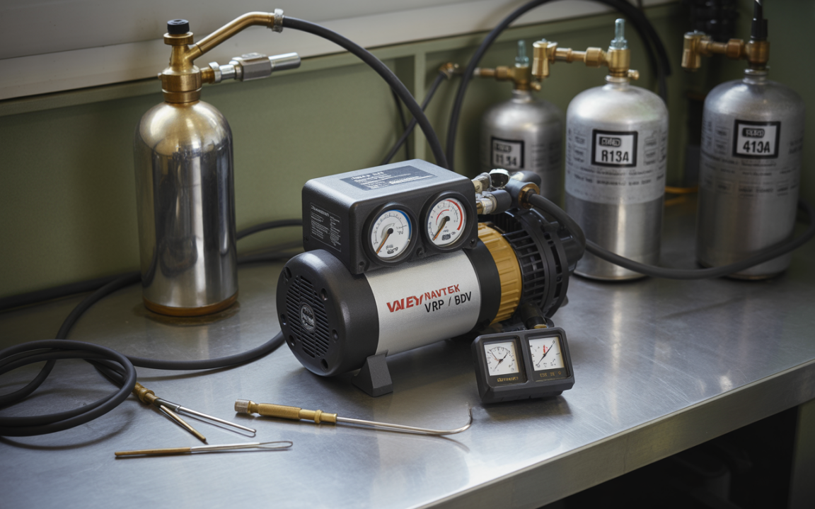 Compresseur avec manomètres, tuyaux et réservoirs de gaz sur une surface en acier, utilisé pour des applications de réfrigération.