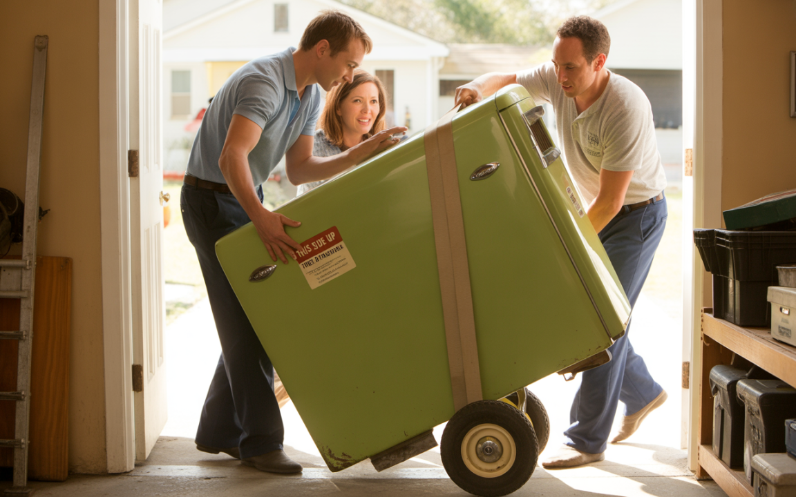Trois personnes déplacent un réfrigérateur vert à roulettes à l'entrée d'un garage, avec une maison en arrière-plan.