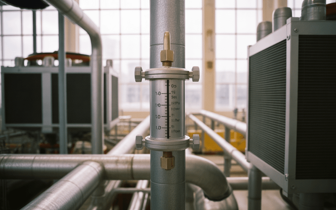 Manomètre installé sur un tuyau dans une installation industrielle, avec des tuyaux métalliques et des climatiseurs en arrière-plan.