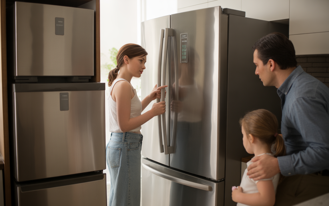 Une jeune femme ouvre un réfrigérateur en inox, tandis qu'un homme et une petite fille l'observent avec intérêt.
