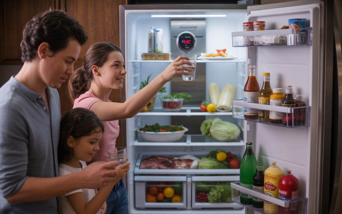 Une famille dans une cuisine ouvre un réfrigérateur rempli de nourriture, en savourant des boissons fraîches.