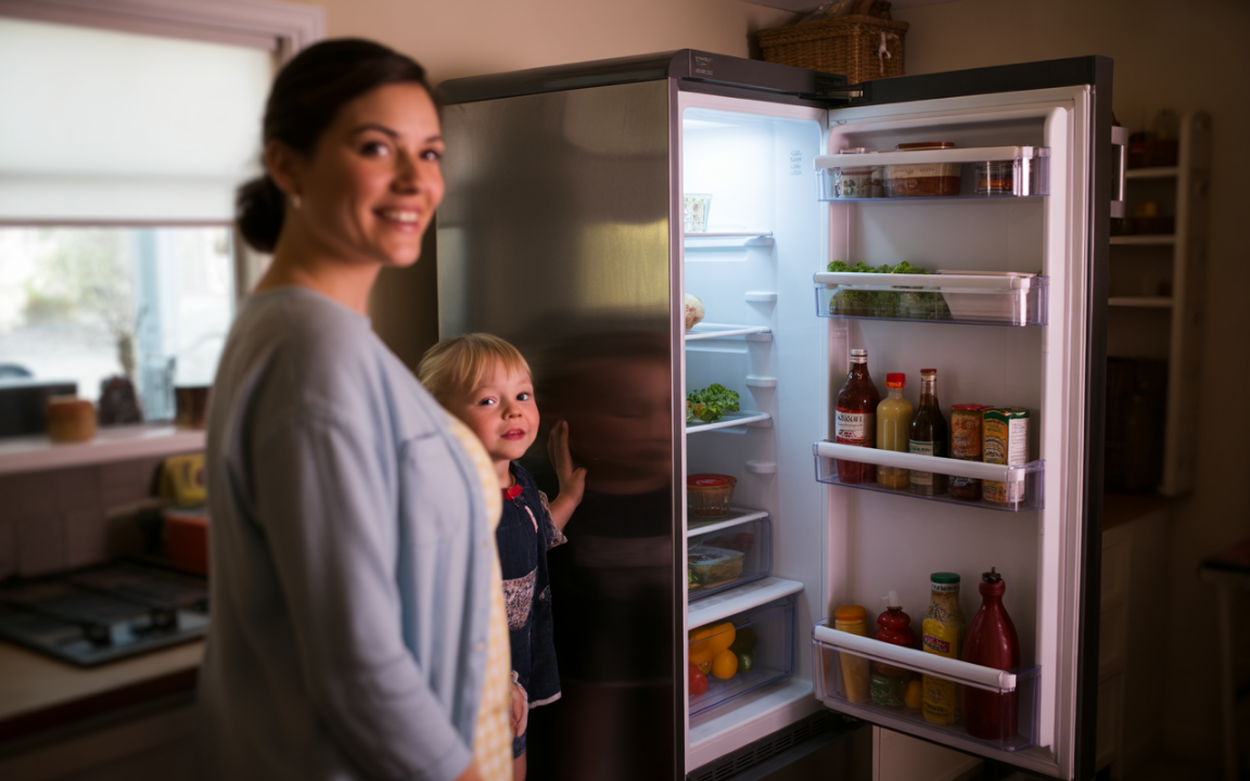 Une mère souriante et son enfant devant un réfrigérateur ouvert, montrant des légumes et condiments à l'intérieur.