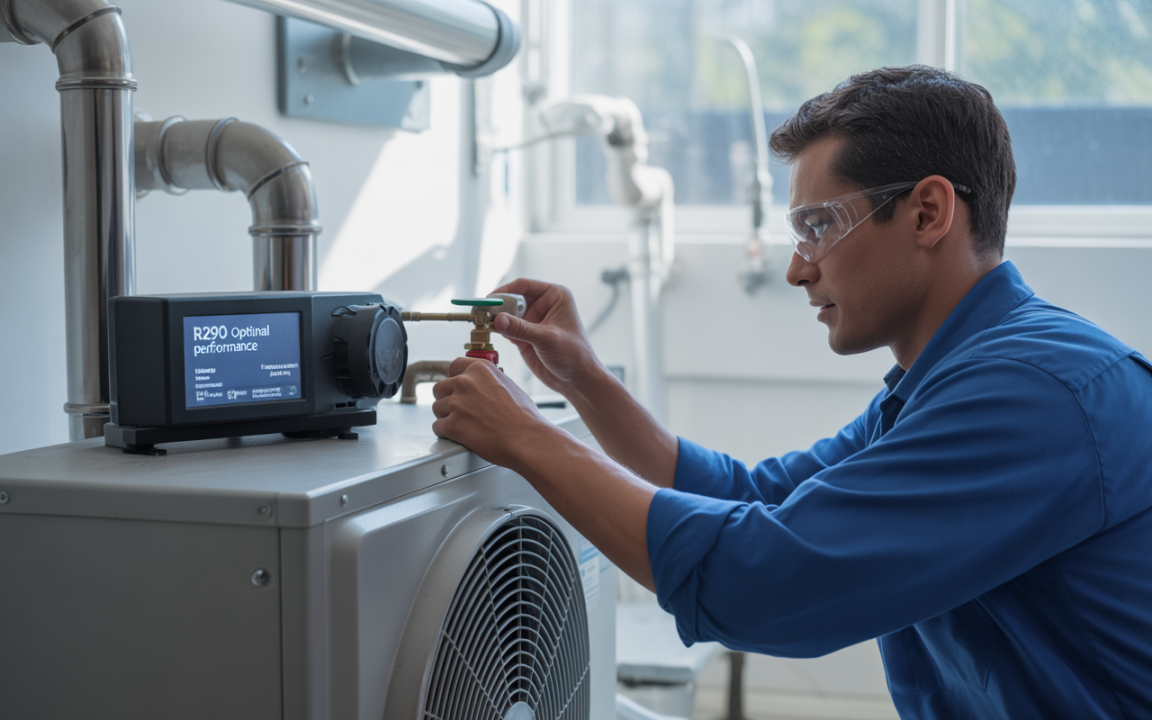 Un technicien ajuste un dispositif de mesure sur un équipement de climatisation, portant des lunettes de protection dans un environnement lumineux.