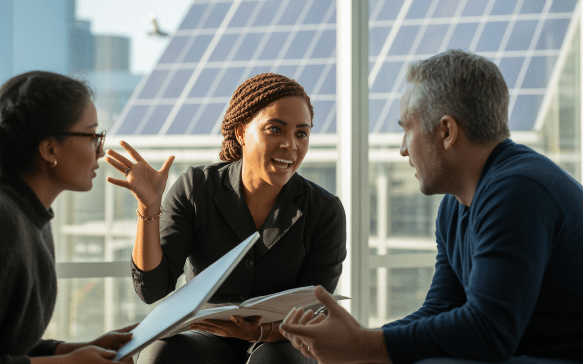 Trois personnes discutent dans un espace lumineux, avec des panneaux solaires visibles en arrière-plan, illustrant un échange dynamique et collaboratif.