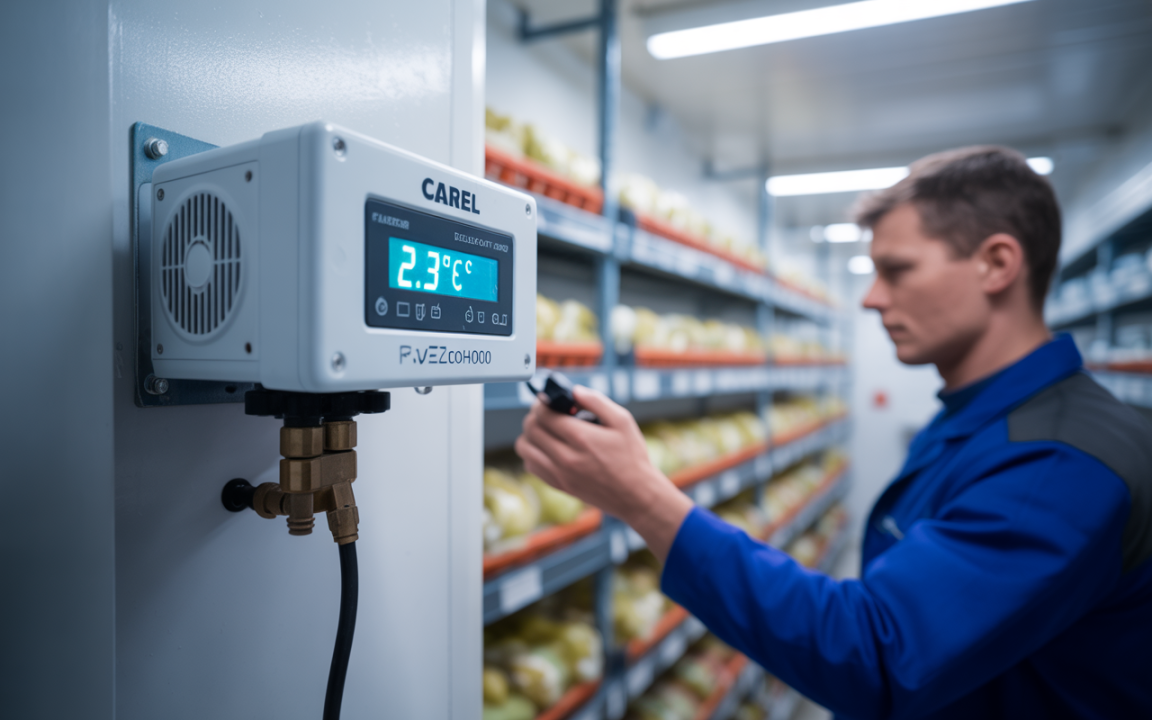 Technicien ajustant un contrôleur de température CAREL affichant 2.3°C dans un environnement de stockage, avec des étagères en arrière-plan.