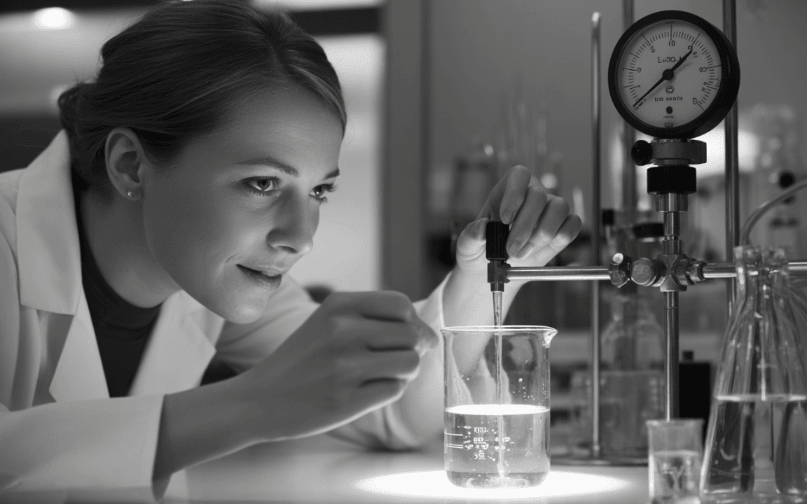 Scientifique en blouse blanche ajoutant un liquide dans un bécher, avec un manomètre et divers instruments de laboratoire en arrière-plan.