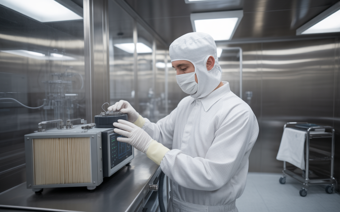 Un technicien en blouse stérile manipule un équipement de laboratoire dans un environnement cleanroom moderne et aseptisé.
