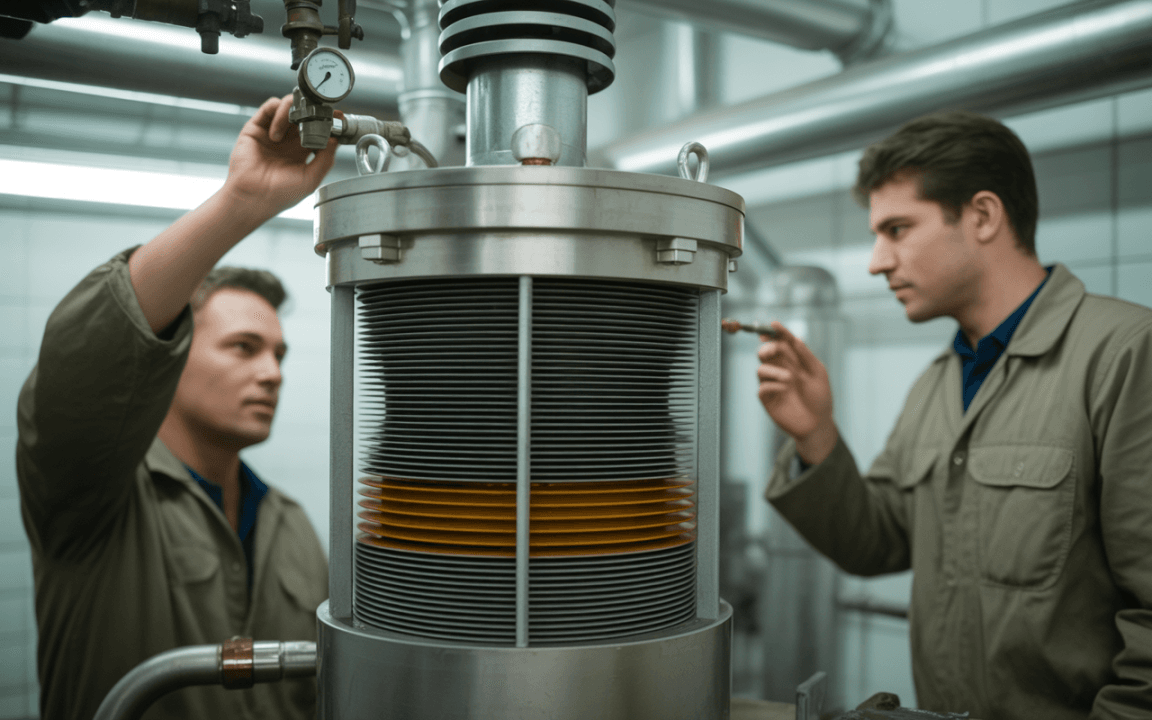 Deux techniciens en combinaison inspectent un équipement complexe, avec des tubes et un manomètre, dans un environnement industriel.