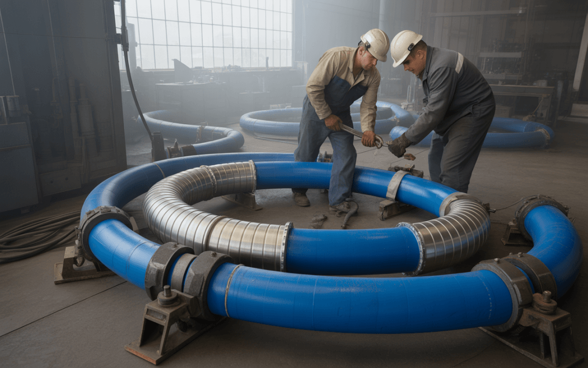 Deux ouvriers en casques travaillent ensemble sur des tuyaux bleus en métal dans un atelier, entourés d'équipements industriels.