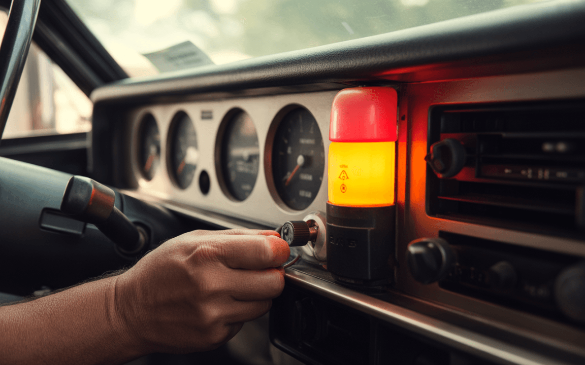 Main tenant une clé de contact, dashboard d'une voiture vintage avec cadrans et un voyant lumineux clignotant.